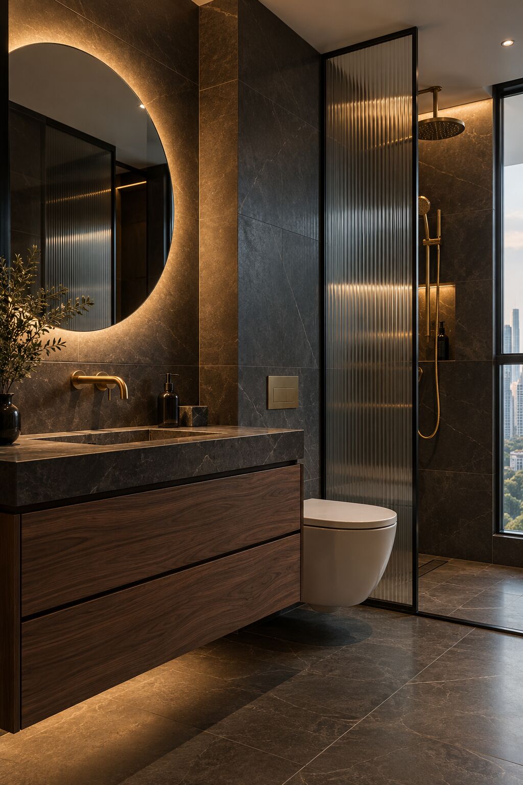 Charcoal stone bathroom with a walnut vanity, concept visual