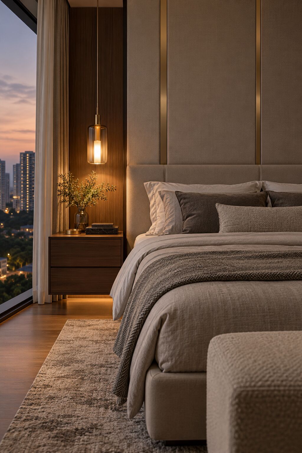 Calm bedroom with tailored joinery, concept visual