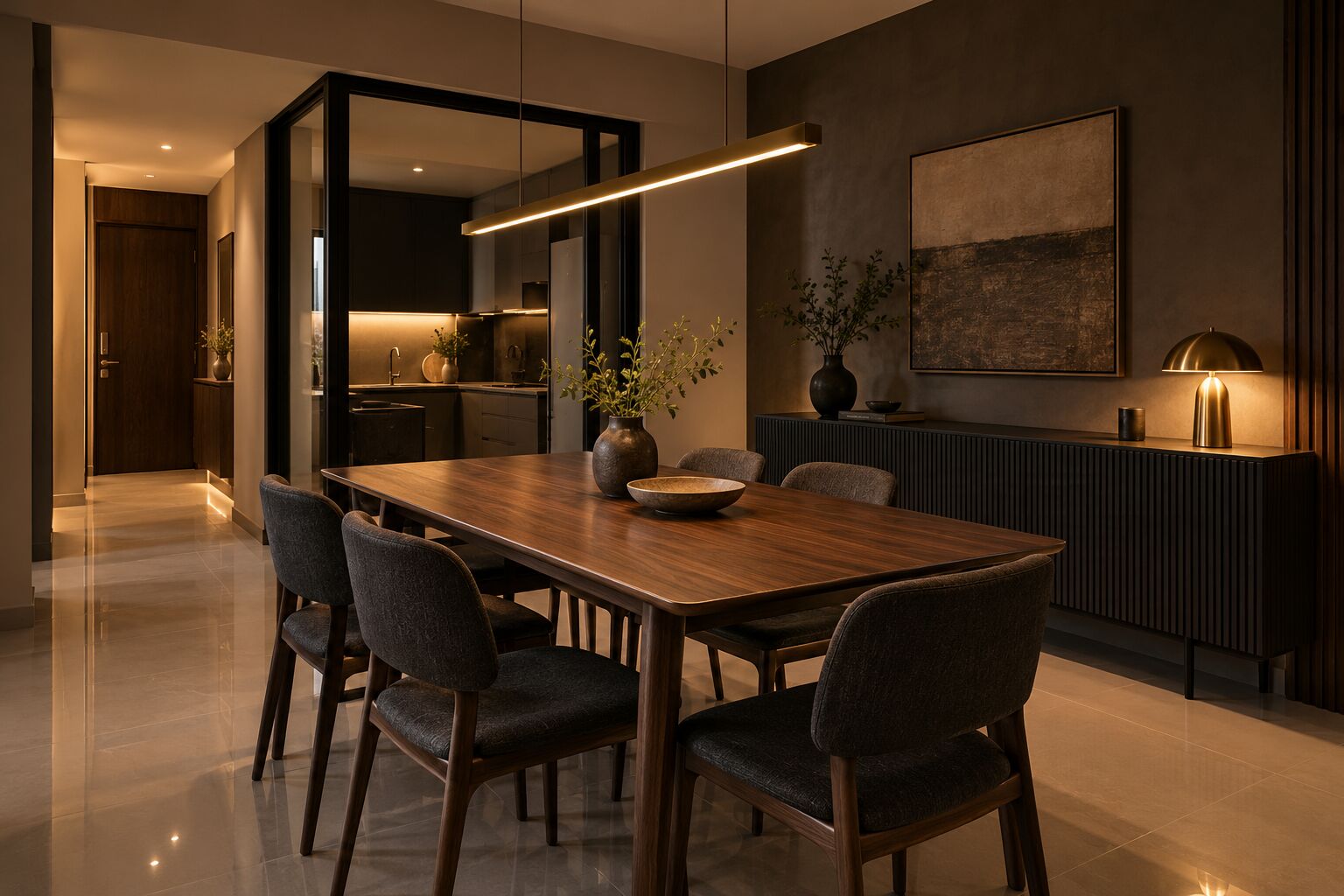 Walnut dining room with a brass pendant, concept visual