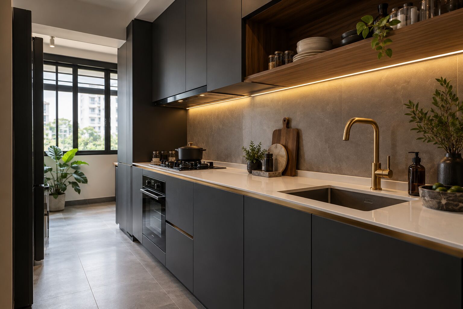 Handleless charcoal kitchen with a walnut shelf, concept visual