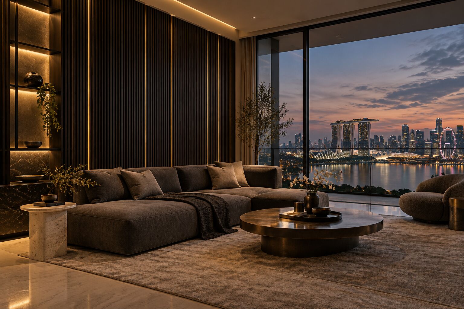 Living room with charcoal fluted panels and cove light, concept visual