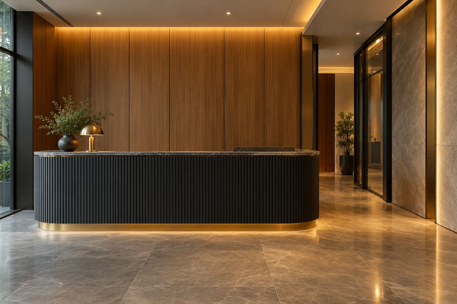 Office reception with a fluted counter, concept visual