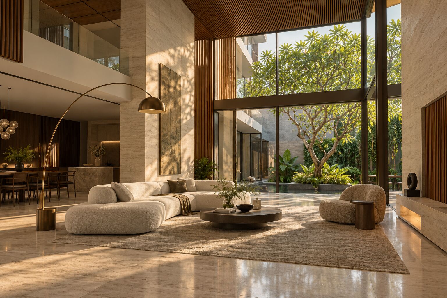 The same living room built, with travertine floor, walnut ceiling and a courtyard garden, concept visual