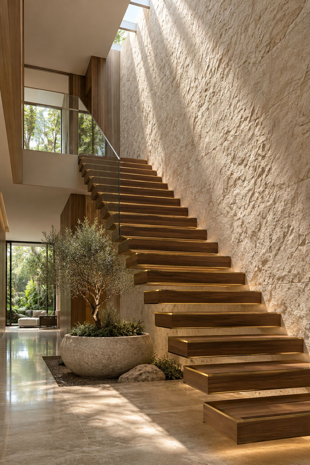 A sculptural stair beside a courtyard garden in a landed home, concept visual