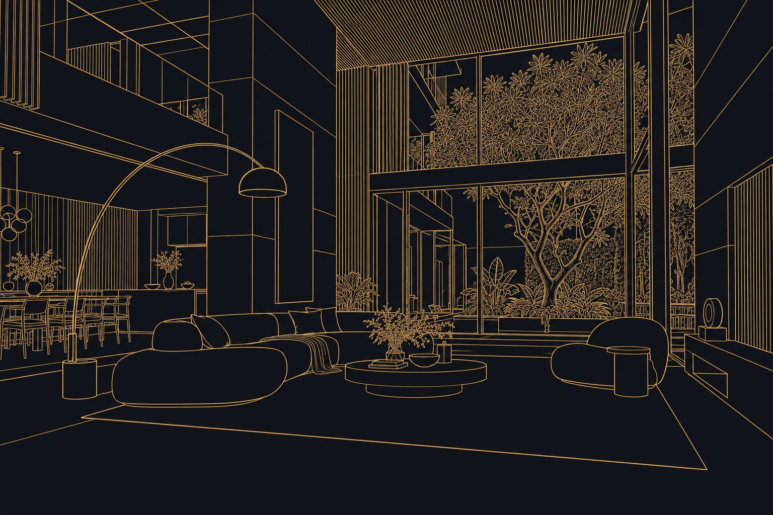 Gold line sketch of a double-volume living room