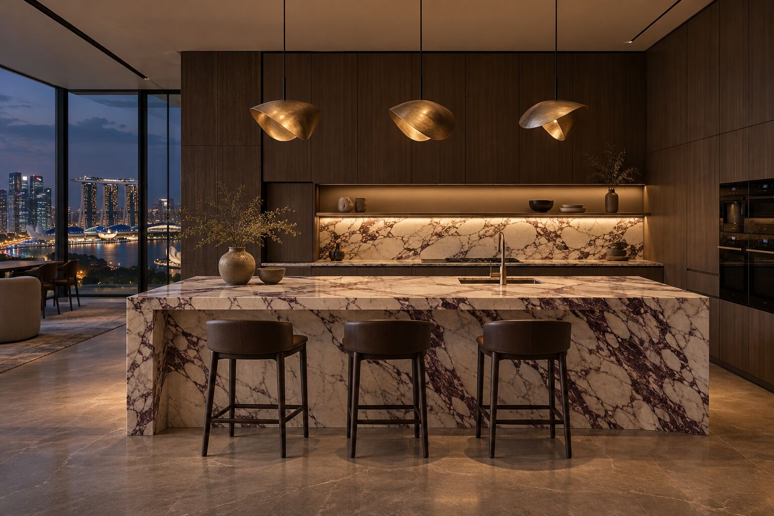 Marble kitchen island with brass pendants at night, concept visual