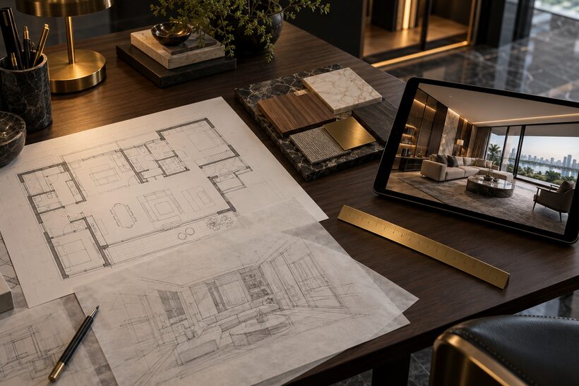 Space planning drawings and material samples on a studio table, concept visual